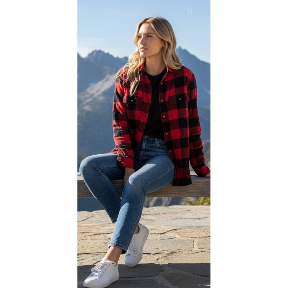 Old Navy Red Black Buffalo Plaid Flannel Shirt Double Brushed Womensā XL
